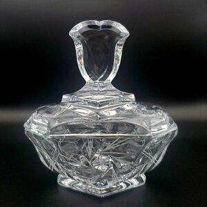 Vintage Crystal Pinwheel Cut Glass Trinket Dish Candy Dish w/ Finial Lid Classy